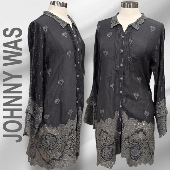 JOHNNY WAS Women’s Embroidered Button Down Tunic Shirt in the Size Medium - Picture 1 of 16